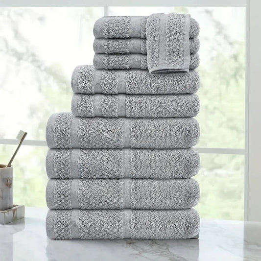 10-Piece Cotton Bath Towel Set – 4 Bath Towels, 2 Hand Towels & 4 Washcloths – Absorbent, Quick-Drying Solid Color Towels for Bathroom
