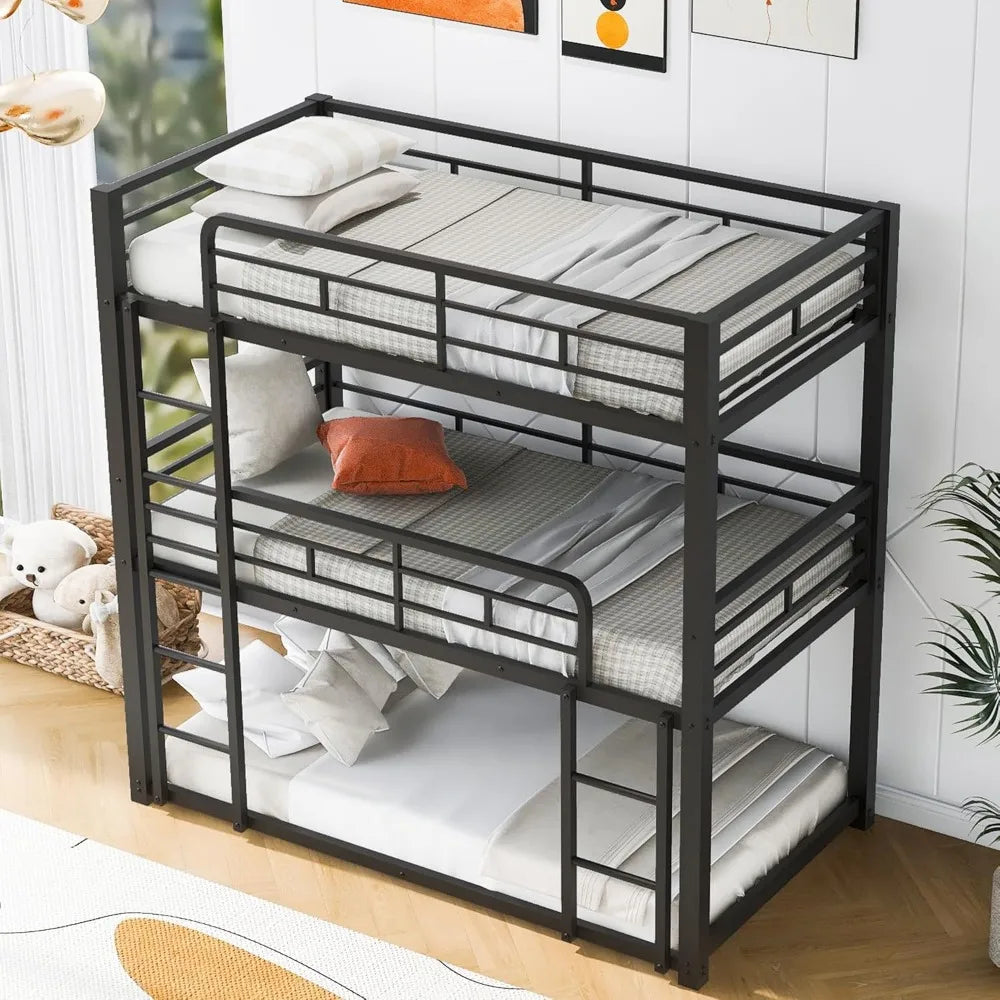 Twin Metal Triple Bunk Bed – Modern Heavy-Duty Space-Saving Bed Frame for 3 Kids, Black Finish