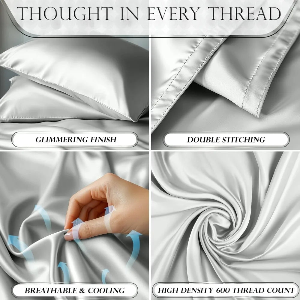 Luxury Satin Bed Sheets – 4-Piece Silky Queen Size Bedding Set, Wrinkle-Free with 15” Deep Pocket Fitted Sheet