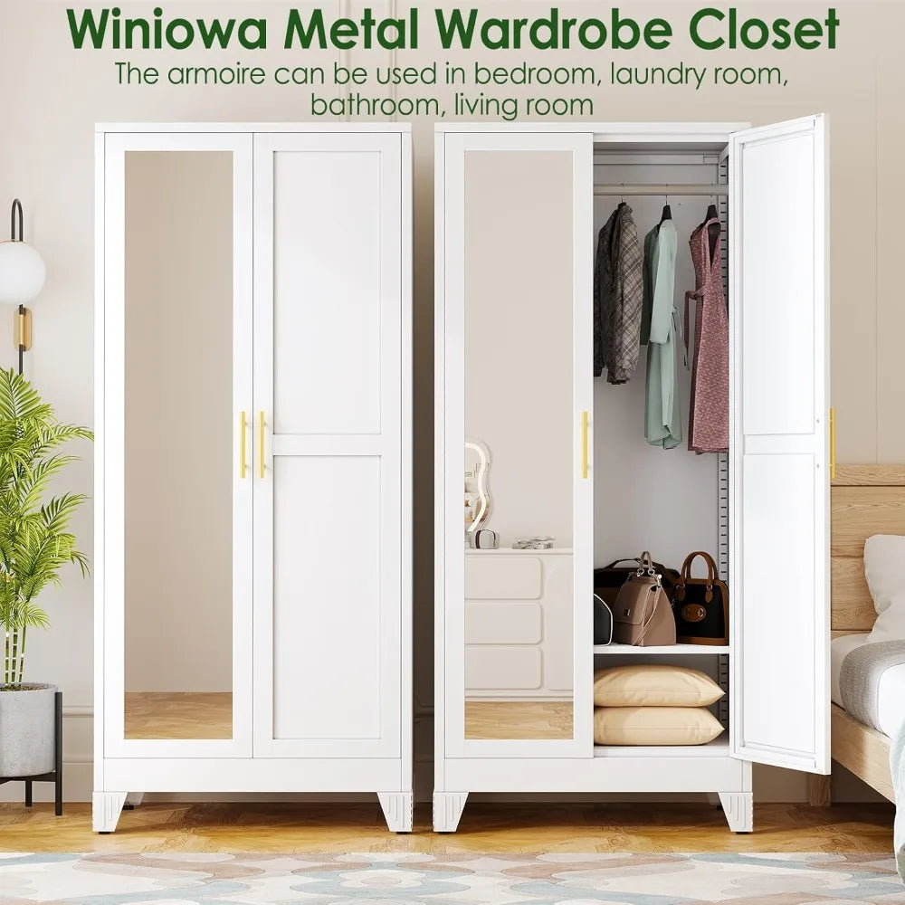 71" Metal Armoire Wardrobe with 2 Mirrored Doors – Adjustable Shelves, Hanging Rod & Safety Anchor | Modern Storage Cabinet for Bedroom, Office & Laundry Room
