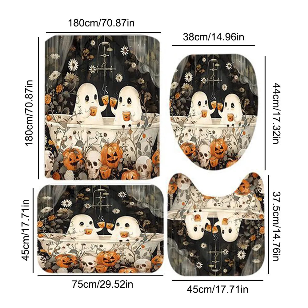 Cute Cartoon Ghost Shower Curtain Set Halloween Bathroom Curtain Polyester Fabric Bathtub Curtain with Hooks for Bathroom Decor