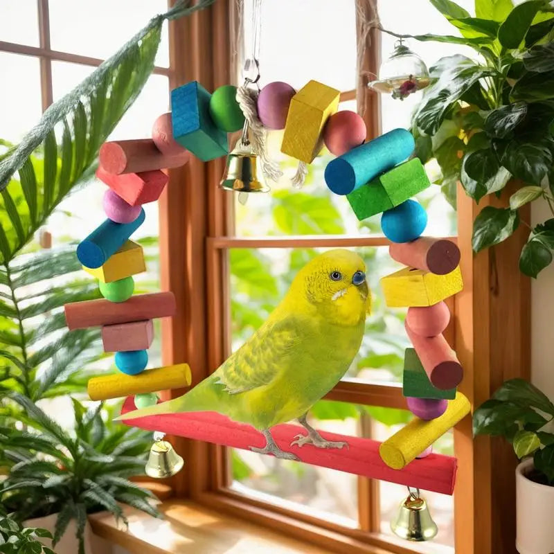 Wooden Bird Swing for Parakeets – Hanging Perch with Bell, Chewing Toy & Standing Rod for Lovebirds, Conures, Cockatiels, and Small Parrots
