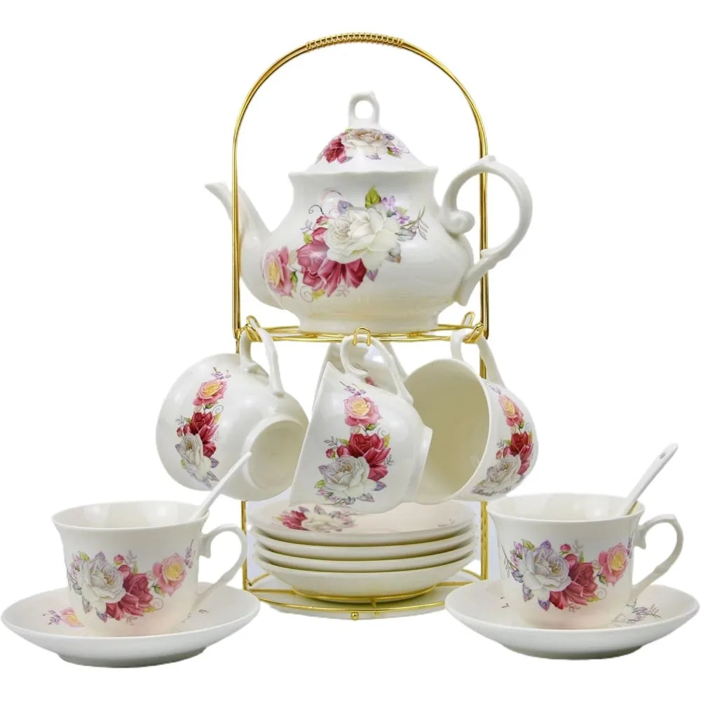20-Piece Bone China Tea & Coffee Set with Gold Metal Rack – Elegant Porcelain Gift Set for Home, Parties, and Special Occasions (010)