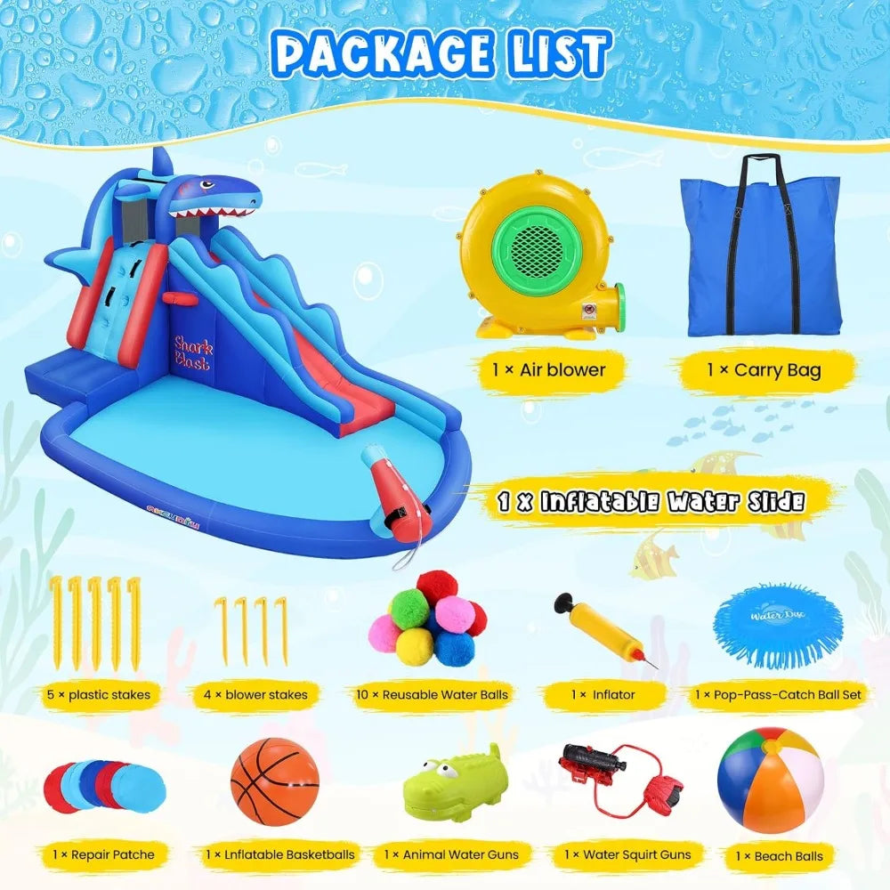Inflatable Shark Blast Water Bounce House with Slide – Outdoor Backyard Water Slide Play Center for Kids Ages 3–12