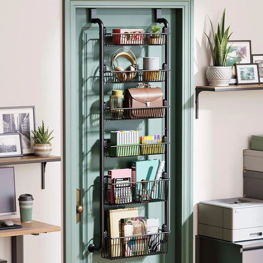 Over The Door Storage Organizer, Metal Hanging Shelf with Adjustable Basket for Bedroom & Kitchen, Space-Saving Door Organizer