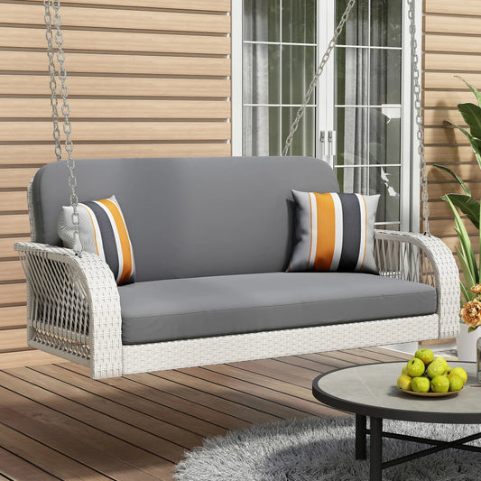 2-Seater PE Wicker Porch Swing with Hanging Chains – Outdoor Hanging Bench for Patio, Backyard, Garden, or Poolside