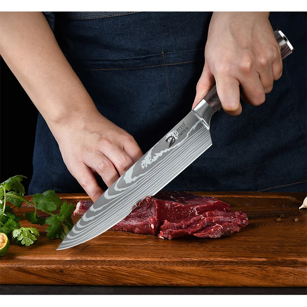 8-Piece Kitchen Knife Set – Damascus Stainless Steel Chef, Utility, Paring, Boning, Cleaver, Slicing & Santoku Knives with Nylon Bag