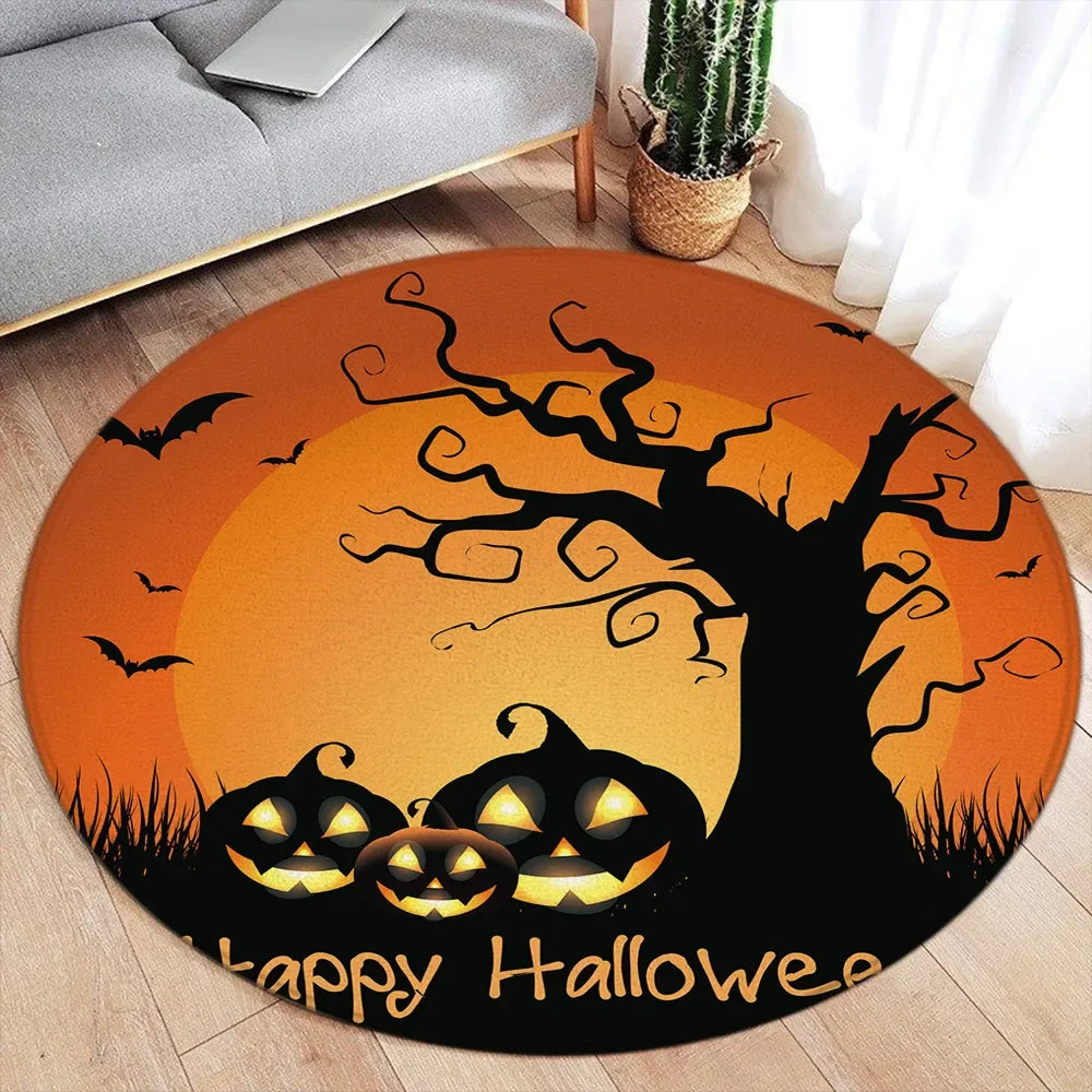 Cartoon Halloween Round Carpet – Cute Ghost, Pumpkin, Black Cat & Bat Rug for Living Room & Bedroom Decor