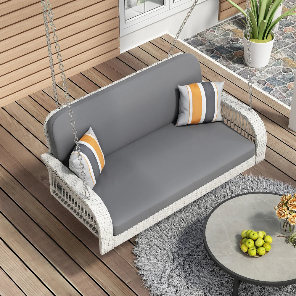 2-Seater PE Wicker Porch Swing with Hanging Chains – Outdoor Hanging Bench for Patio, Backyard, Garden, or Poolside