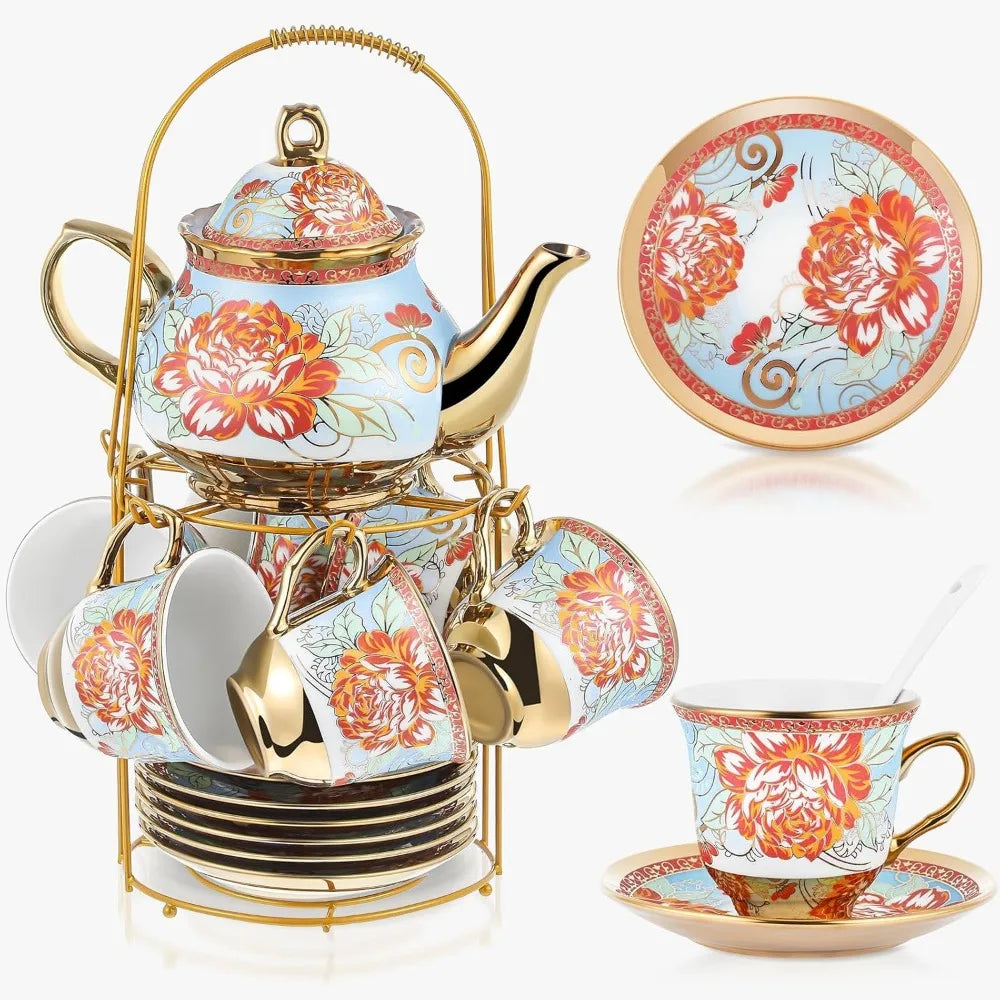 Elegant Ceramic Tea Party Set for Adults – European Floral Teapot, Teacup, Saucer & Spoon Set – Large Fresh Style