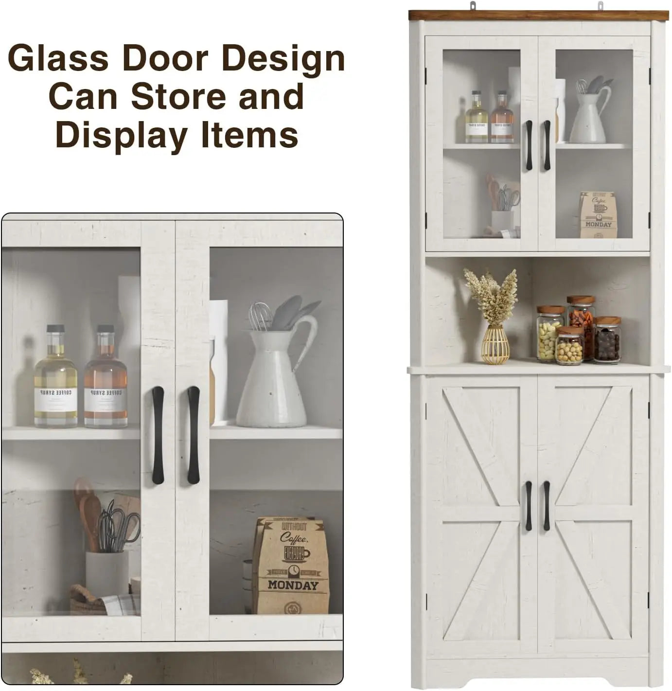 Vabches 67" Tall Corner Cabinet – 5-Tier Farmhouse Storage Cabinet with Doors & Adjustable Shelves for Living Room