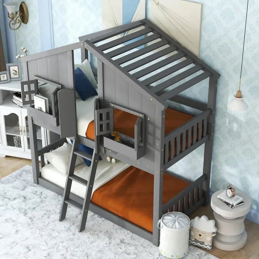 Twin Size House Bunk Bed Frame – Wooden Floor Bed Base with Roof, Window, Door & Flower Box – Playhouse Style Kids Bunk Bed