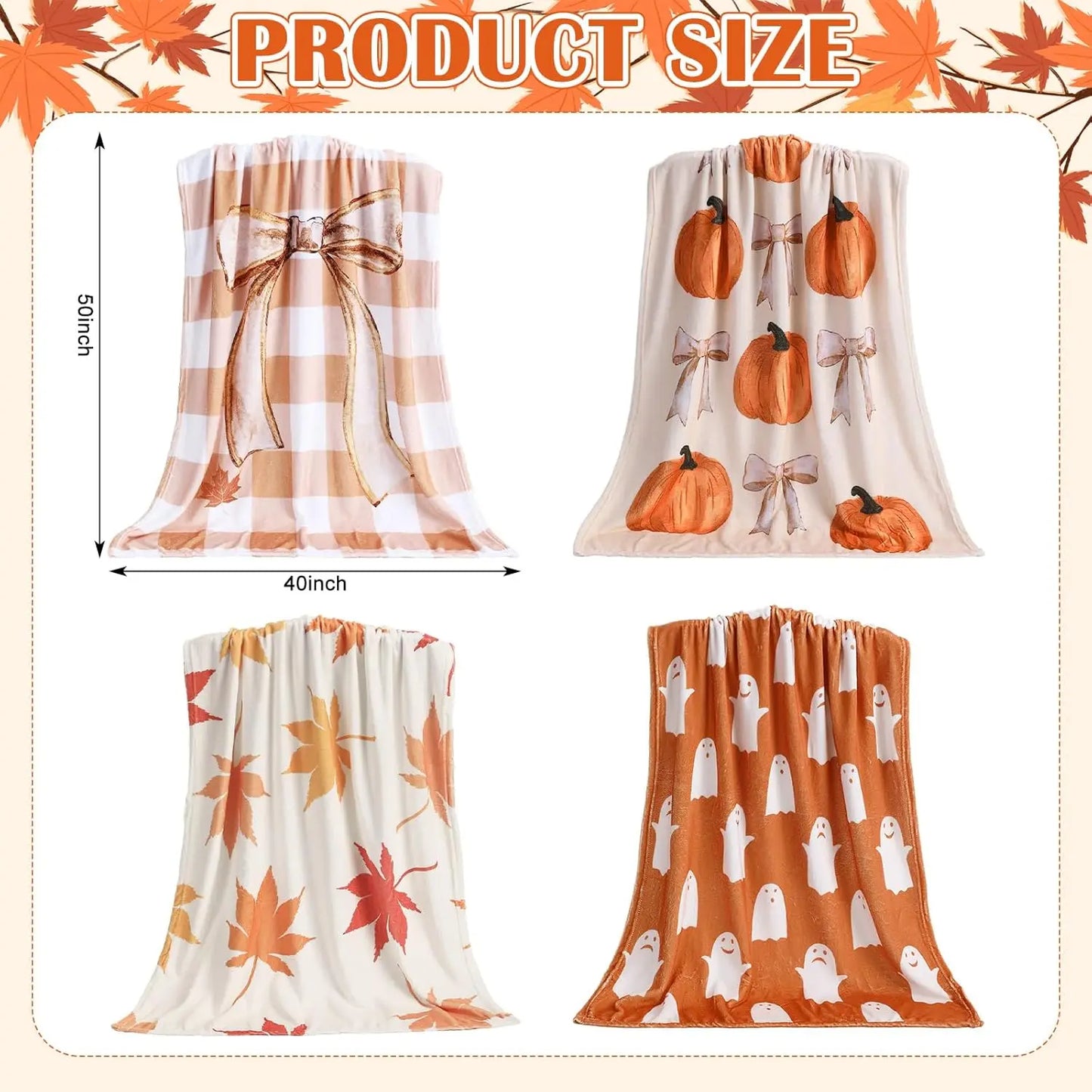 4 Pcs Fall Throw Blankets – Soft Warm Autumn Flannel with Pumpkin, Maple, Plaid & Little Ghost Patterns, Cozy for Thanksgiving & Halloween