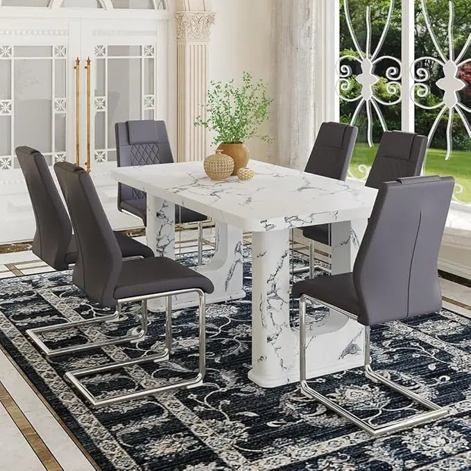 64.5" Modern Farmhouse Dining Table Set for 6 – Wood Dining Table with Decorative Pedestal Legs & 6 Cushioned Chairs