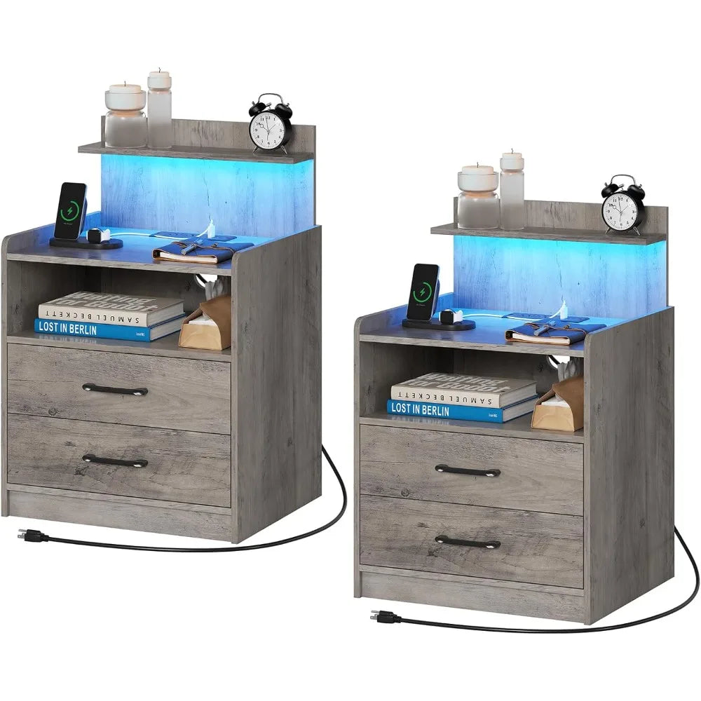 Set of 2 Nightstands with LED Lights & Charging Station – Modern Bedside Tables with Drawers, USB Ports & Open Storage