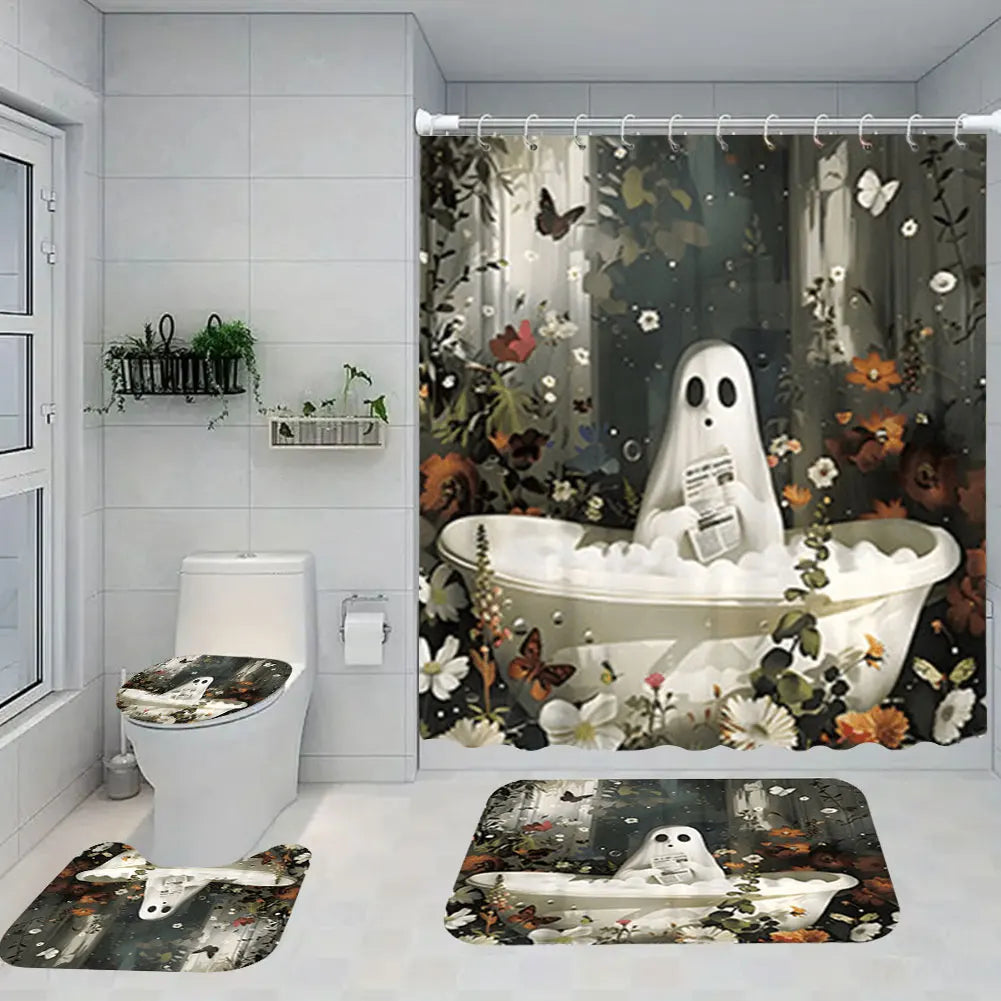 Cute Cartoon Ghost Shower Curtain Set Halloween Bathroom Curtain Polyester Fabric Bathtub Curtain with Hooks for Bathroom Decor