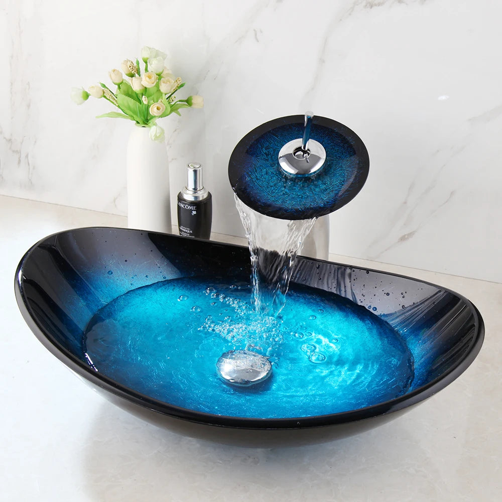 ZAPPO Blue Tempered Glass Bathroom Vessel Sink with Waterfall Black Faucet – Oval Above-Counter Basin Set