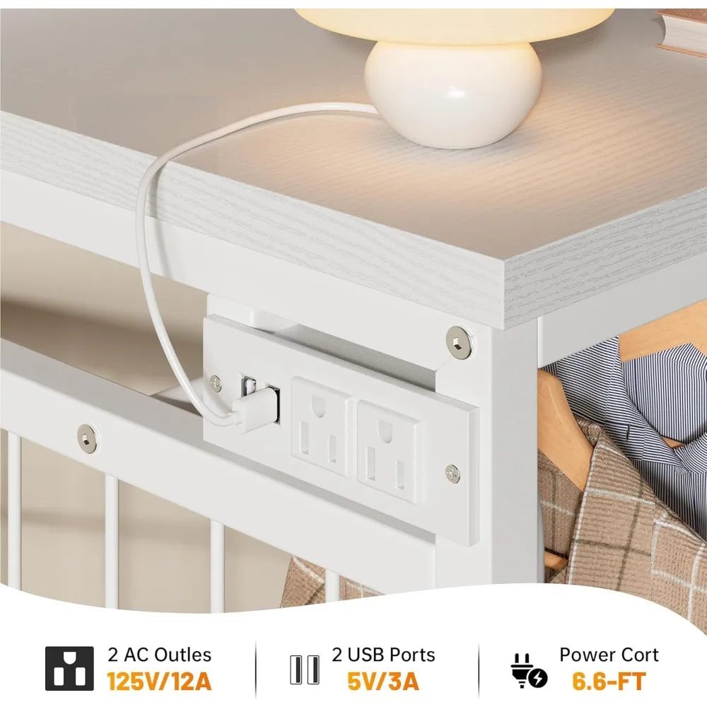 49.2" W White 6 Drawer Dresser for Bedroom with Hanging Rack with LED Lights