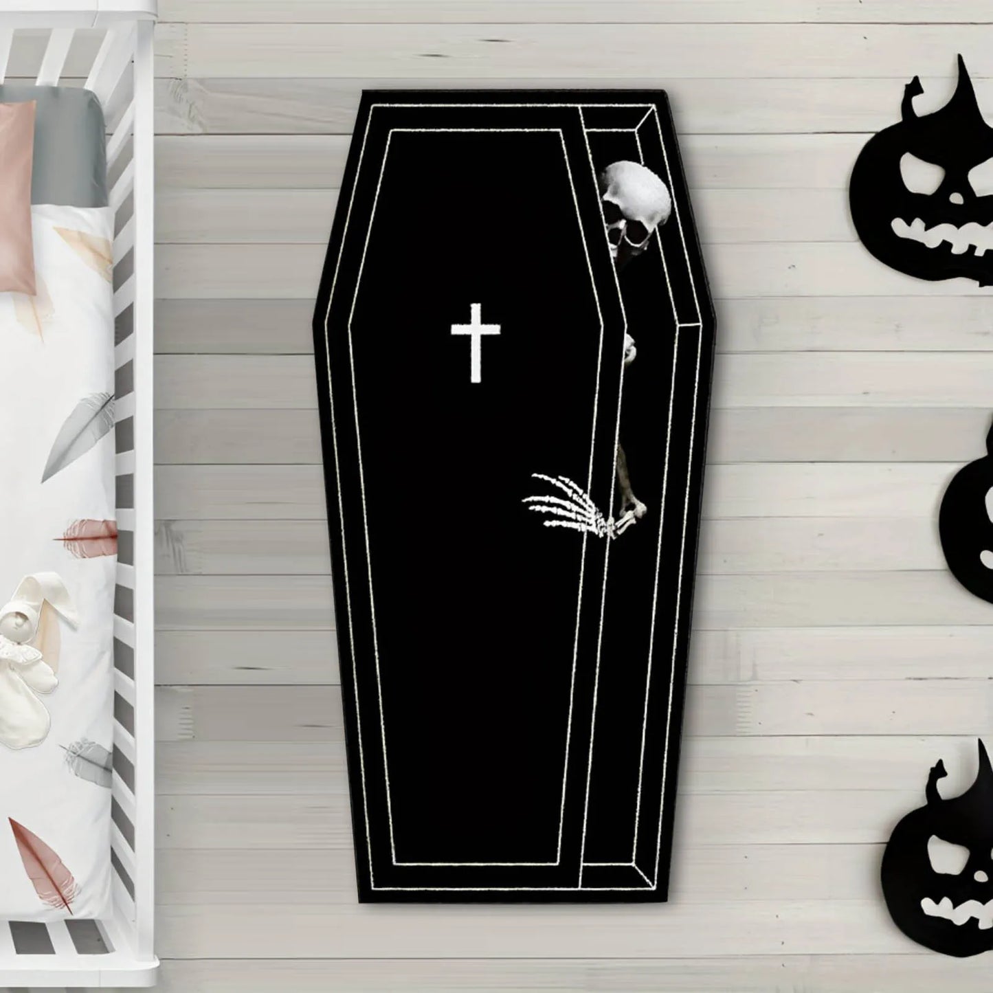 Gothic Halloween Skull & Coffin Carpet – Washable Horror Floor Mat for Bedroom, Living Room & Entryway