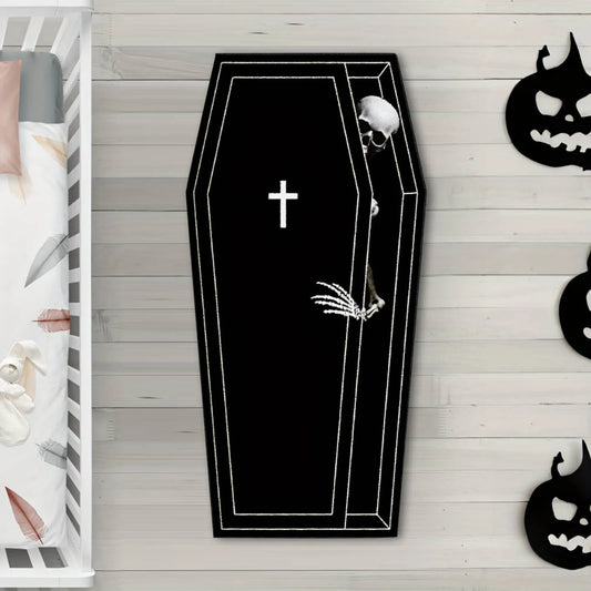 Gothic Halloween Skull & Coffin Carpet – Washable Horror Floor Mat for Bedroom, Living Room & Entryway