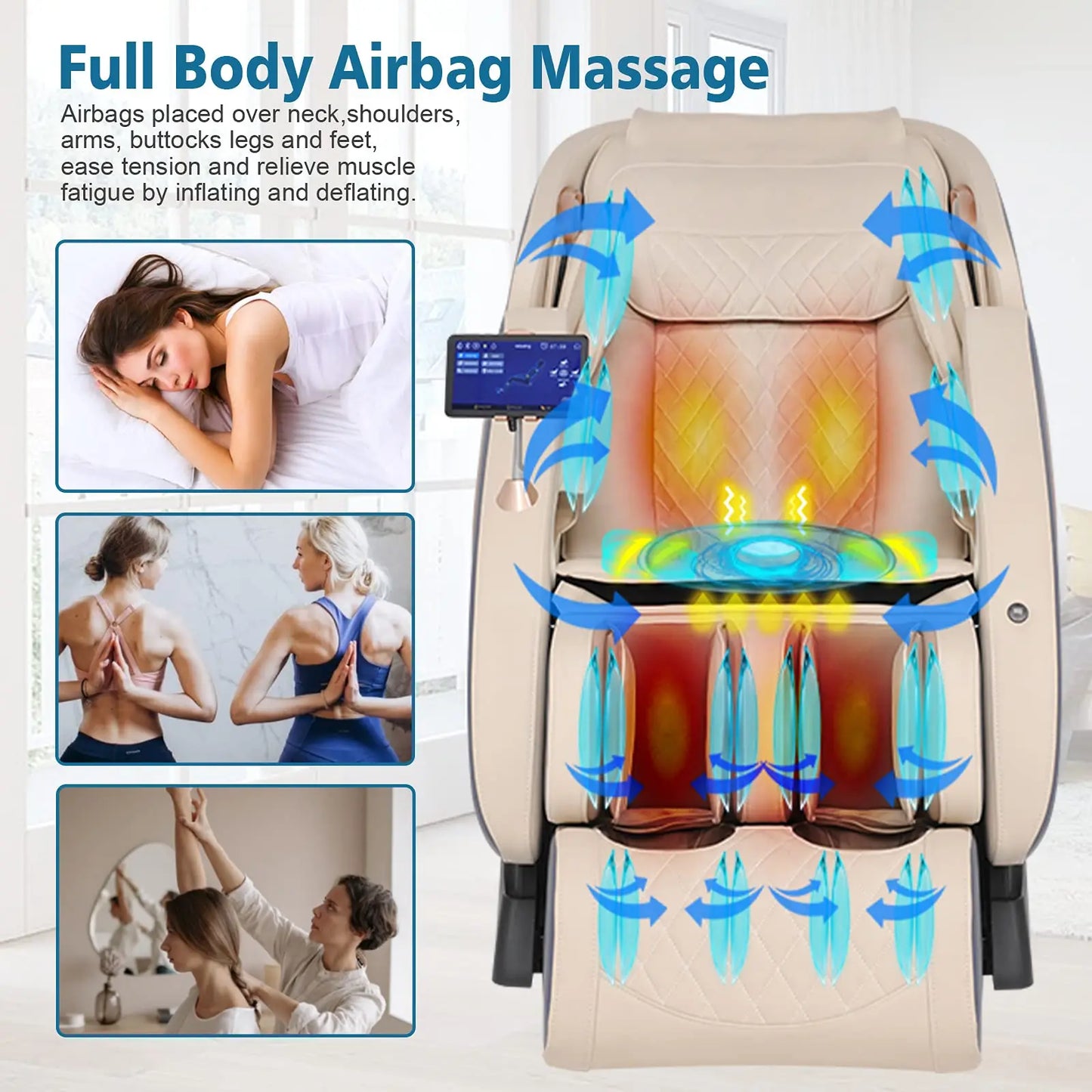 APP-Controlled 4D Zero Gravity Massage Chair – SL-Track Full Body Shiatsu Recliner with Bluetooth, Heating, Thai Stretch, Foot Rollers & Anion Purifier (Blue + Khaki)