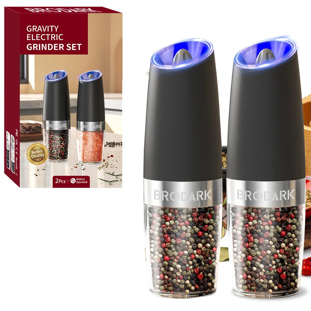1/2PCS Electric Salt and Pepper Grinder Set – Battery Operated, Gravity Sensor Automatic Mill with LED Light, One-Handed Operation