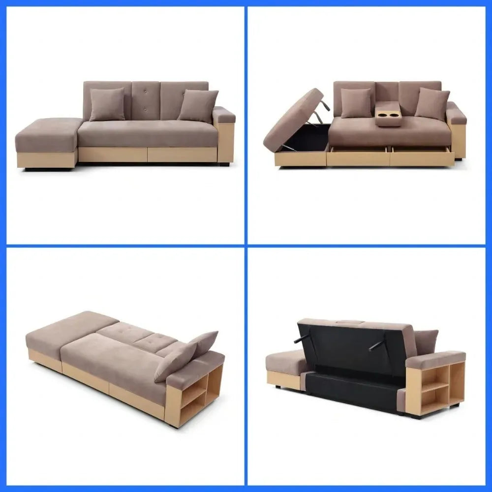 Convertible Sofa Bed with Storage Ottoman, Adjustable Armrest & Coffee Table