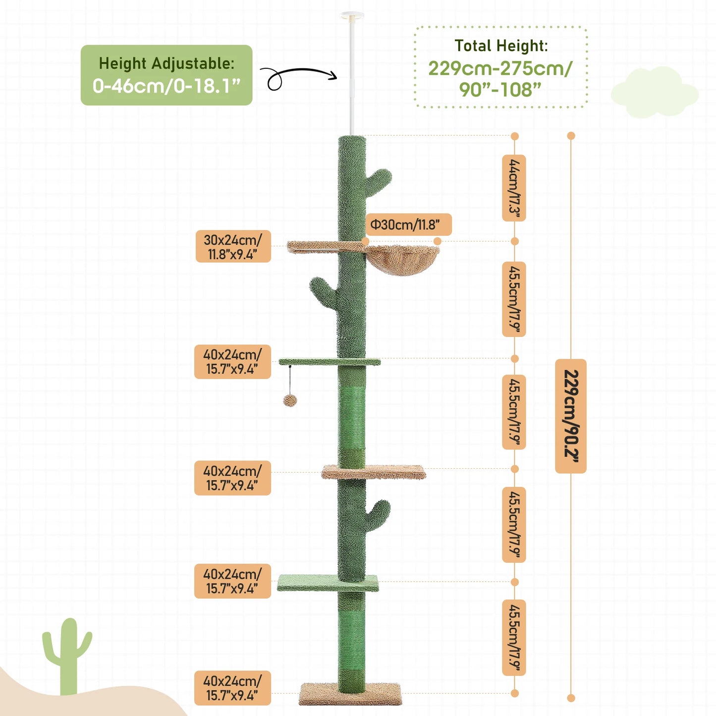 5-Tier Floor-to-Ceiling Cactus Cat Tree Tower – Tall Climbing Activity Center with Hammock, Scratching Posts & Dangling Ball for Indoor Cats