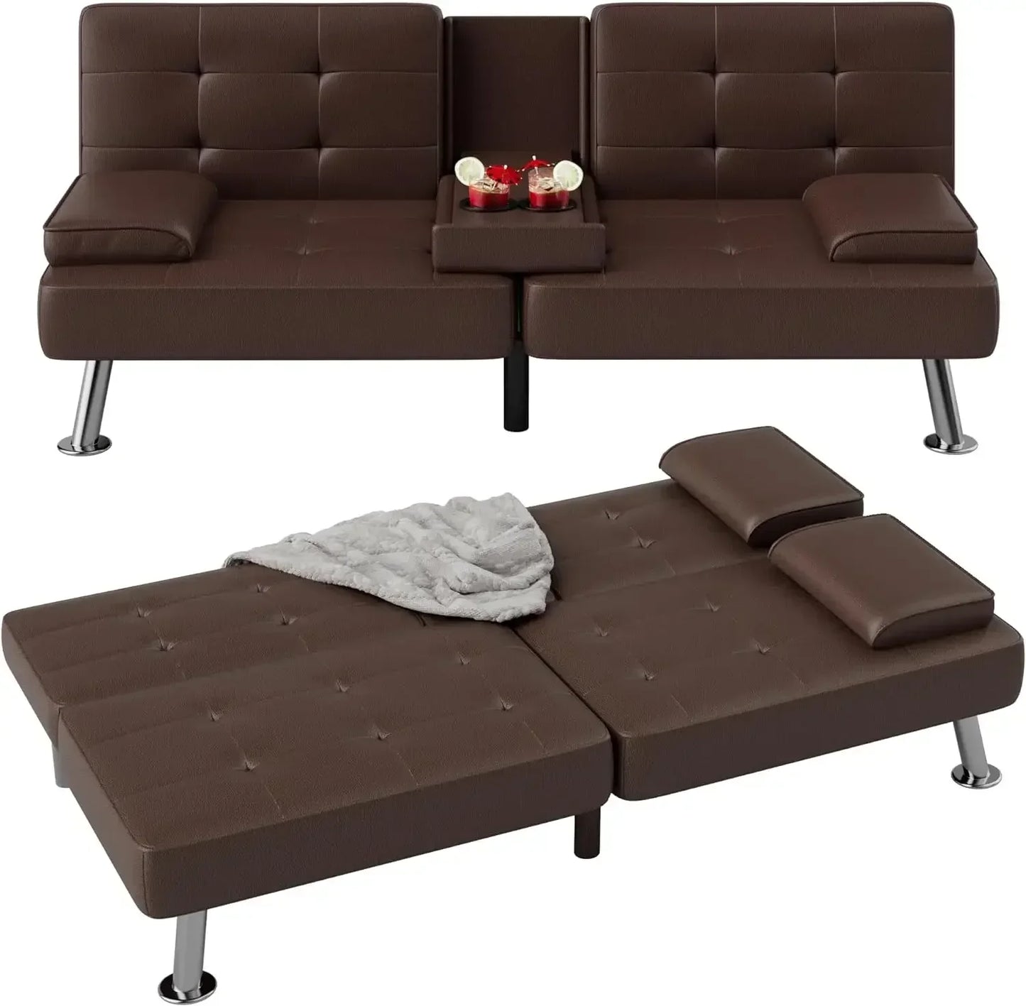 Leather Convertible Folding Recliner with 2 Cup Holders, Removable Armrests