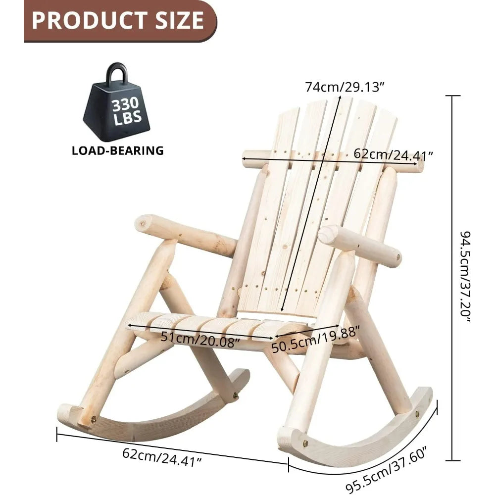 Wooden Rocking Chair Set of 2 – Fir Log Adirondack Rockers, Outdoor Wood Lounge Chairs for Garden, Patio & Backyard