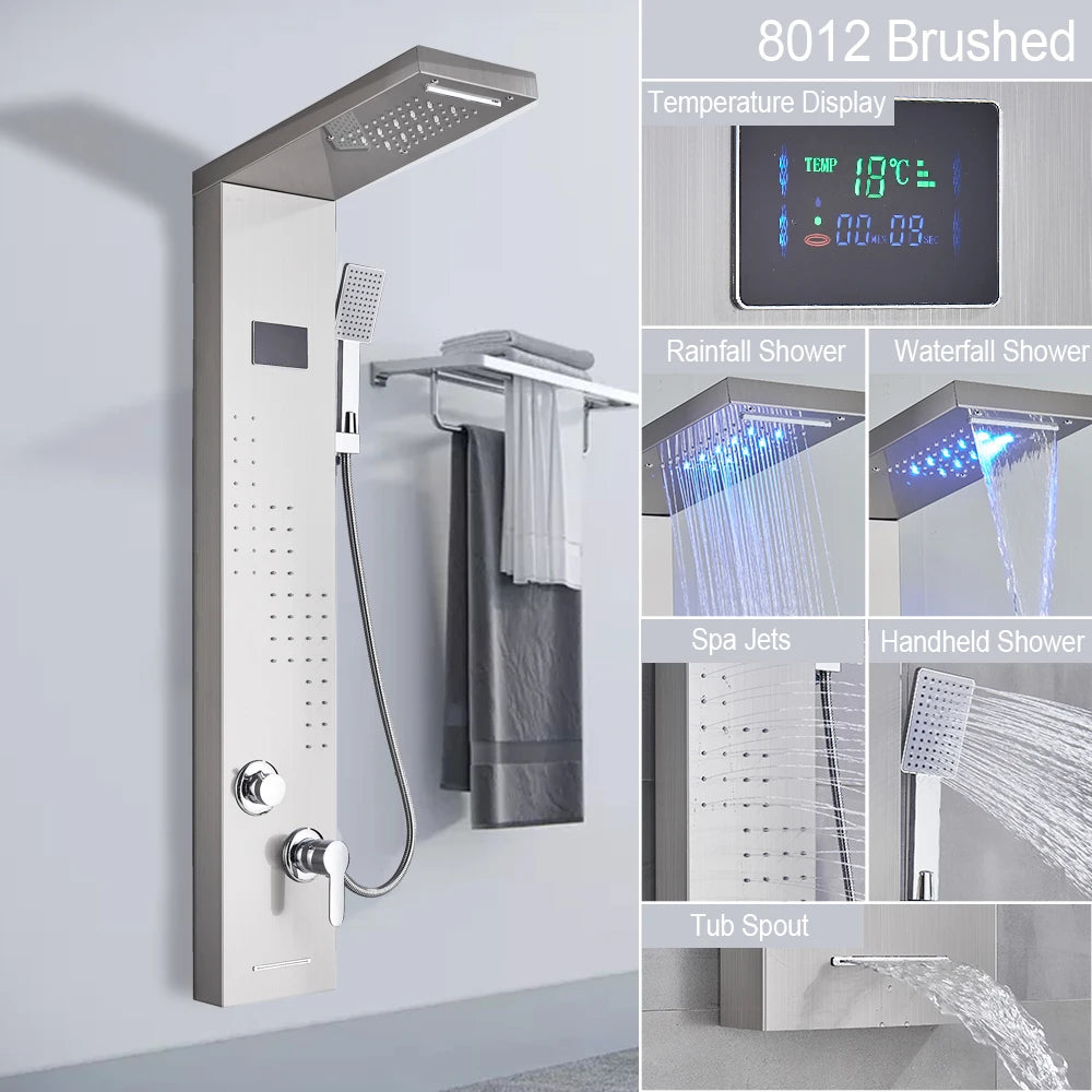 LED Shower Panel Tower System with Waterfall & Rainfall – Digital Display SPA Shower Faucet Set with Massage Jets & Mixer Tap