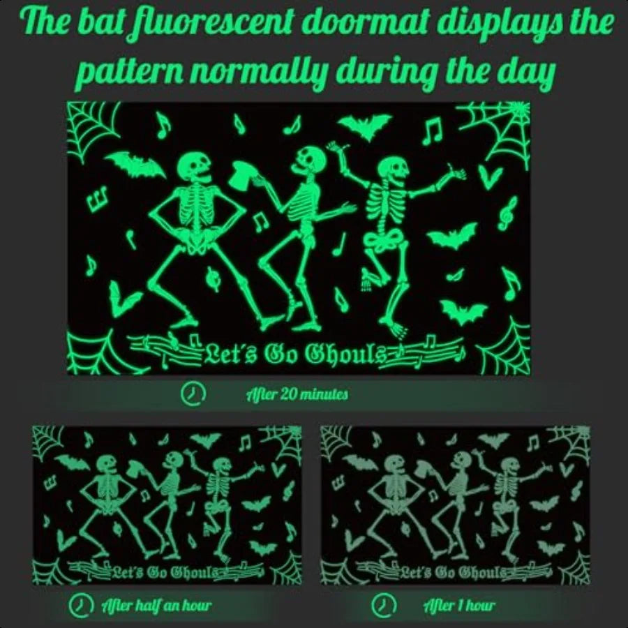 Halloween Glow in the Dark Dancing Skeleton Doormat – "Let’s Go Ghouls" Luminous Entrance Rug 17x27" Decorative Glow-in-the-Dark Kit