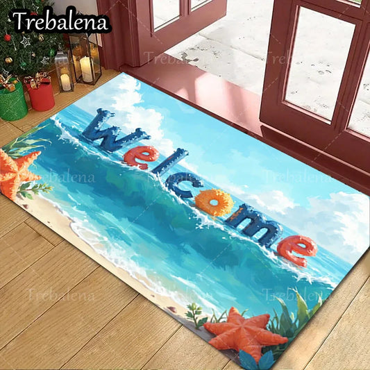 Beach Welcome Door Mat – Ocean Wave & Starfish Decorative Entryway Rug