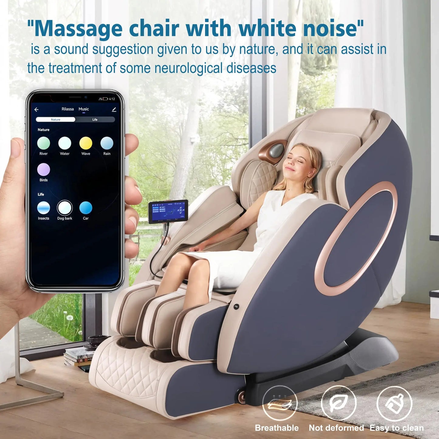 APP-Controlled 4D Zero Gravity Massage Chair – SL-Track Full Body Shiatsu Recliner with Bluetooth, Heating, Thai Stretch, Foot Rollers & Anion Purifier (Blue + Khaki)