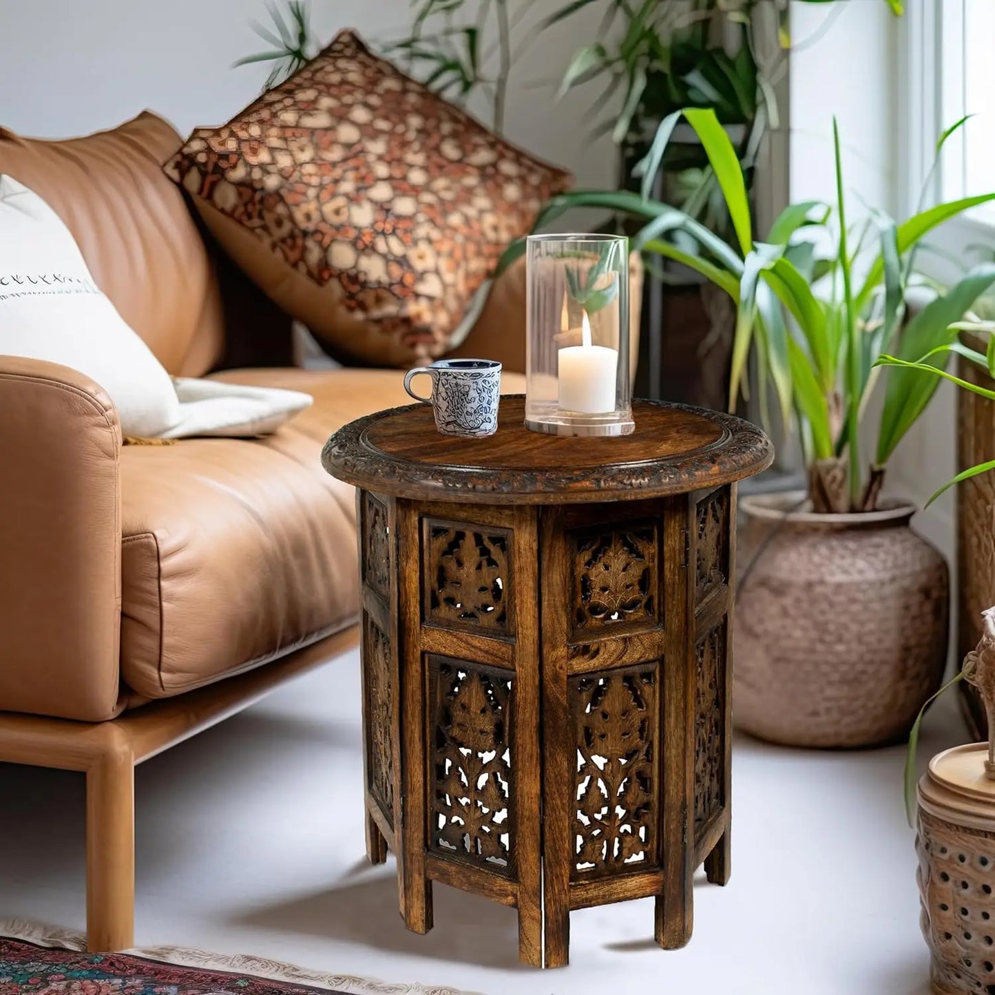 Hand Carved Vintage Solid Wood Accent End Table