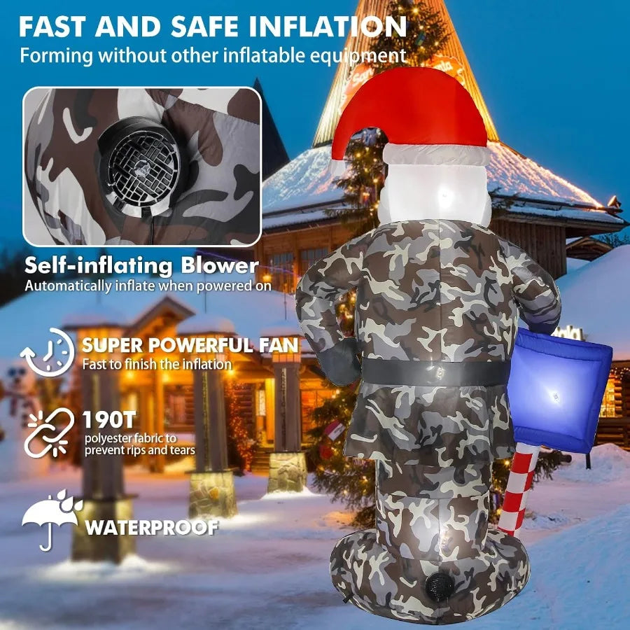7FT Giant Inflatable Camouflage Santa Claus with Built-in LED Lights – Outdoor Christmas Decoration
