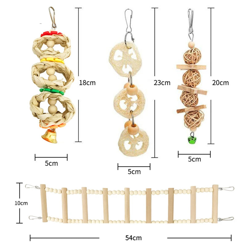 8-Piece Parrot Toy Set – Natural Wood Bird Swing, Perch, Climbing & Training Toys for Parrots, Cockatiels, Budgies, and Other Birds