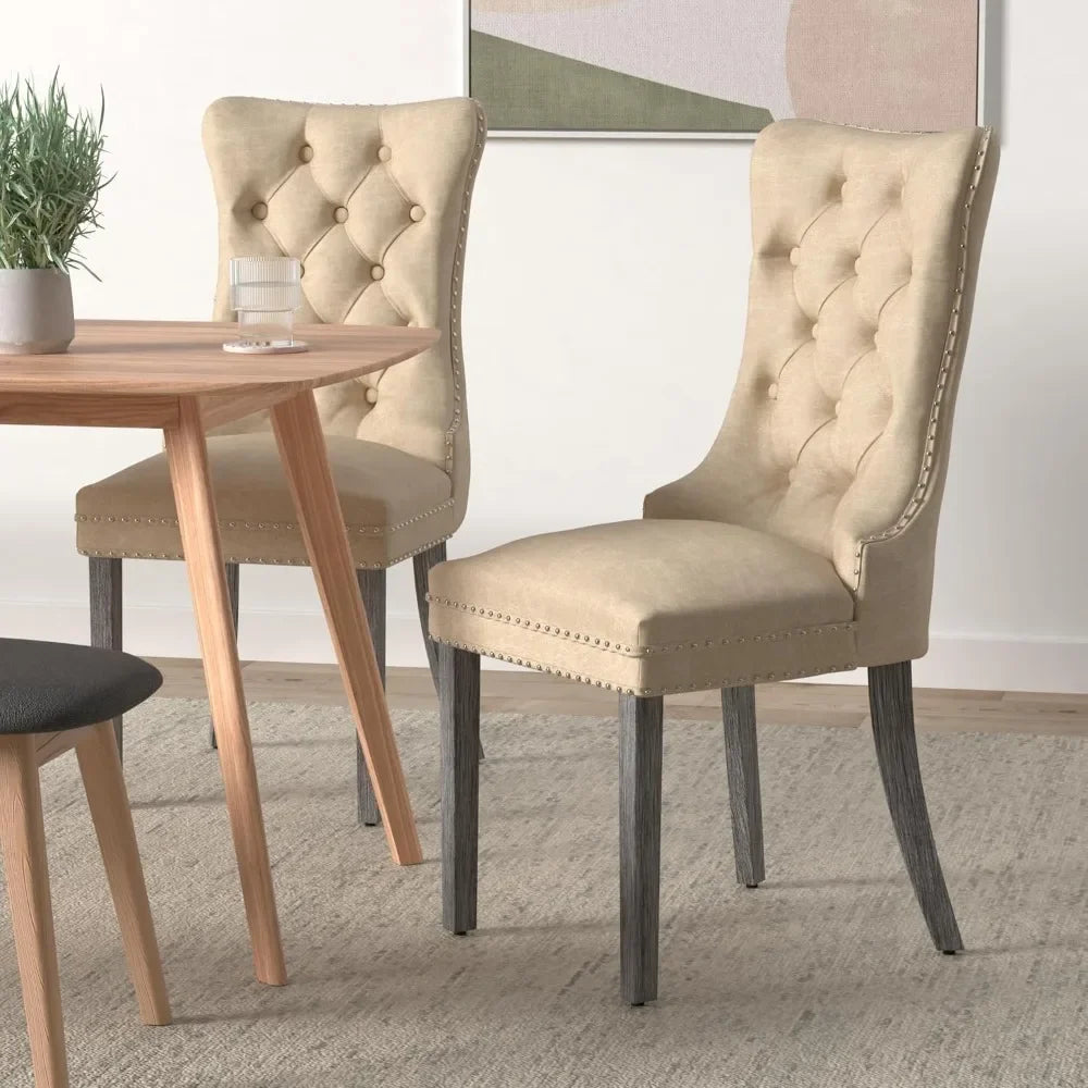 Leather Dining Chairs Set of 6 – Upholstered Wingback Dining Chairs with Nailhead Trim & Solid Wood Legs – Luxury Dining Room Side Chairs