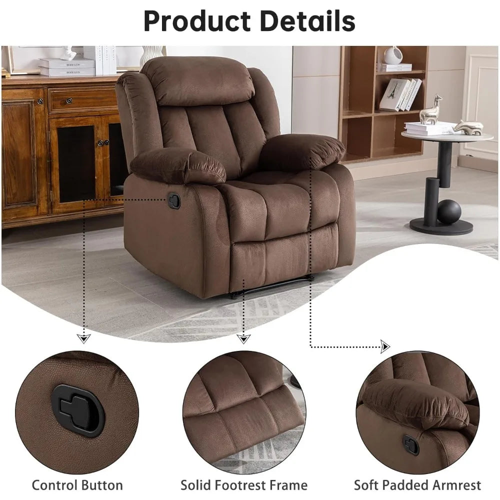 Manual Recliner Sofa – Classic 3-Seat Reclining Couch with Overstuffed Arms & Backrest for Living Room or Bedroom, Brown