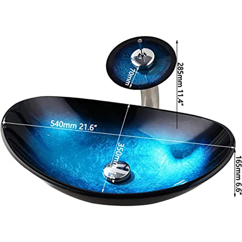 ZAPPO Blue Tempered Glass Bathroom Vessel Sink with Waterfall Black Faucet – Oval Above-Counter Basin Set
