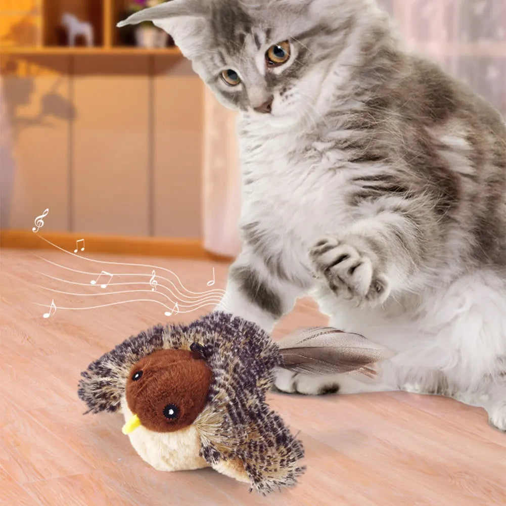 Interactive Flying Bird Cat Toy – Electric Flapping Wings & Squeaky Plush Sparrow with Catnip, Realistic Simulation Toy for Cats