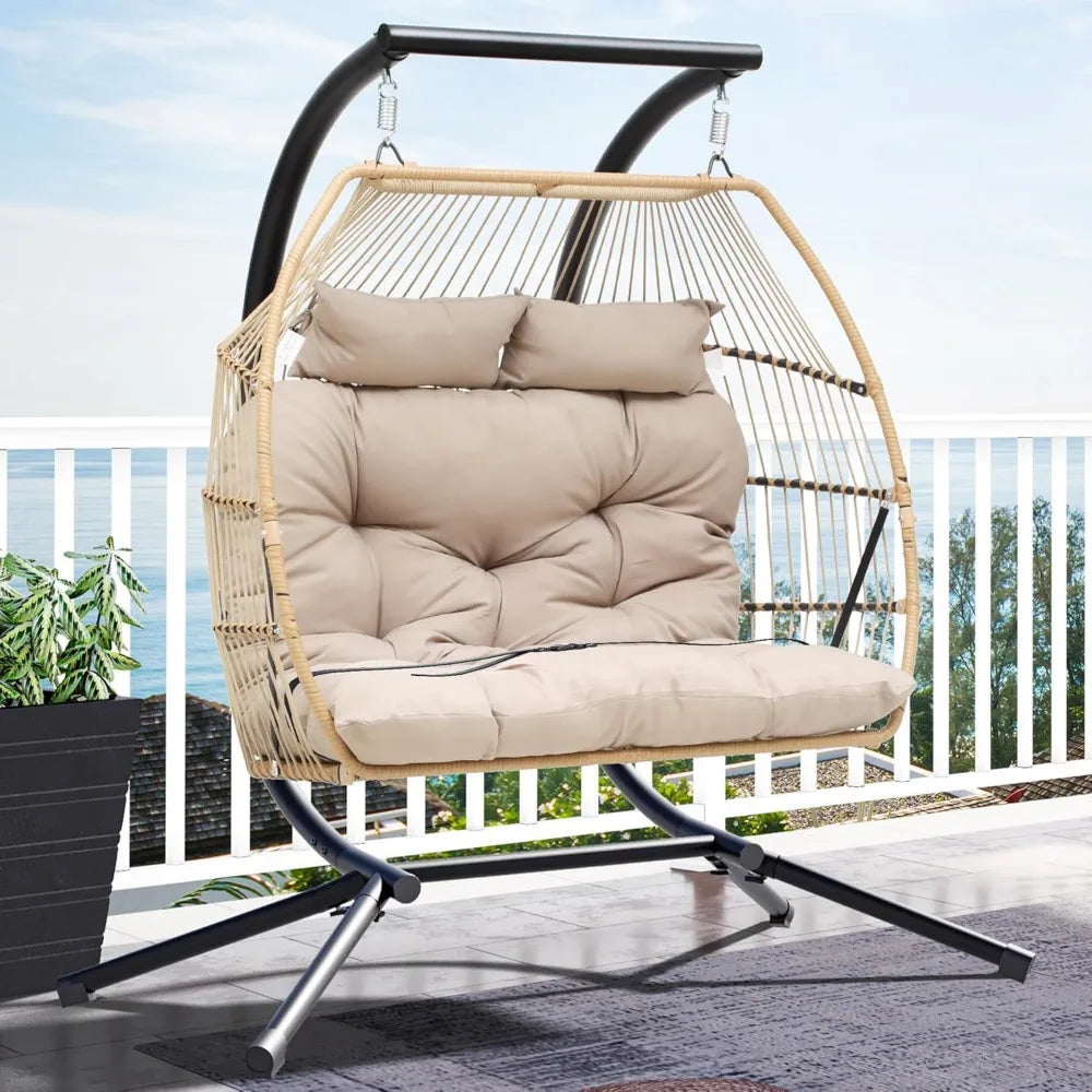 2-Person Hanging Egg Swing Chair with Stand – Wicker Hammock Chair with Cushions, 550lbs Capacity for Indoor/Outdoor Use – Patio, Garden, Bedroom Lounge