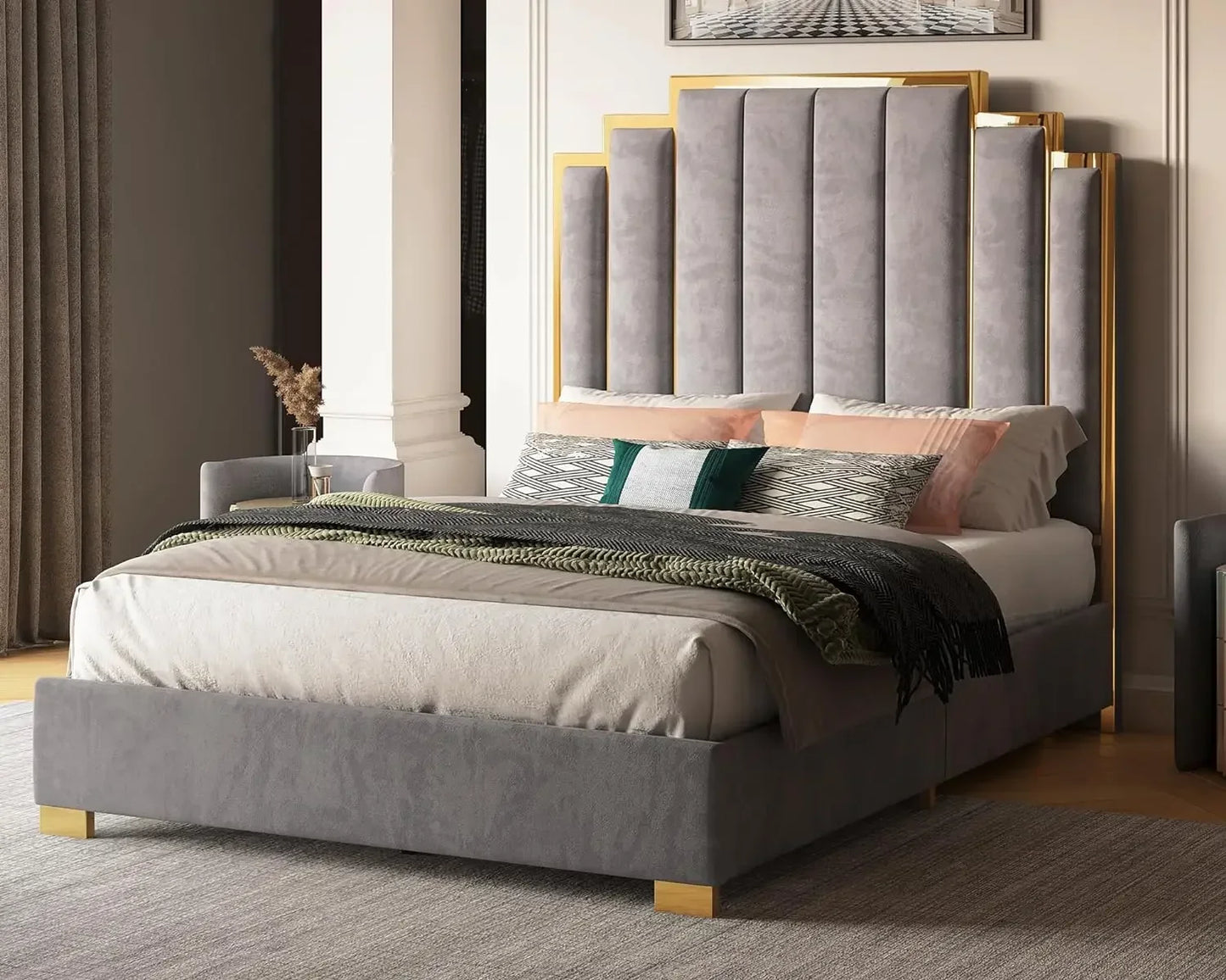 King Size Platform Bed Frame – 65" Velvet Upholstered Headboard with Elegant Gold Trim, Sturdy Wood Slats, No Box Spring Needed