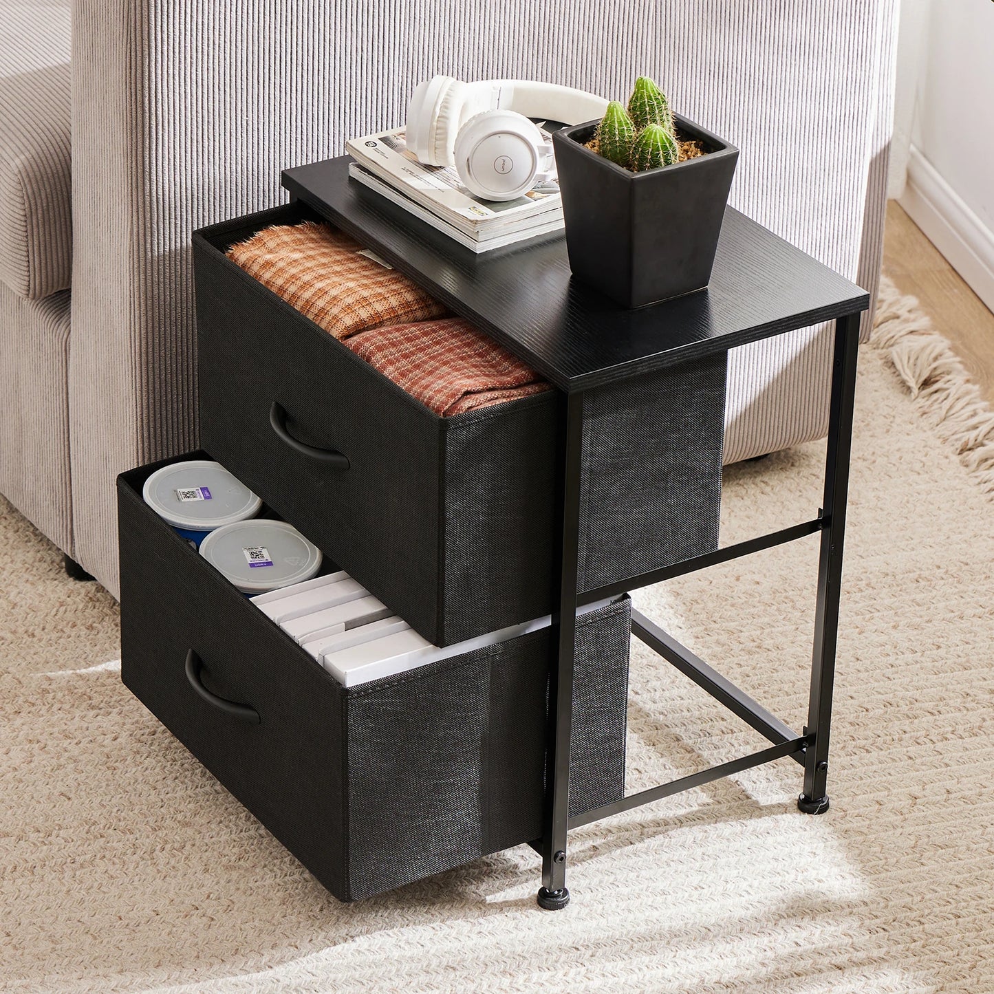 JHK Nightstand with 2 Fabric Drawers – Versatile Bedside Storage Table for Bedroom, Living Room, or Closet Use