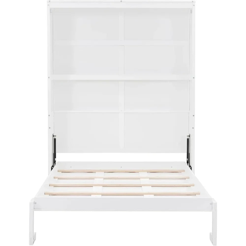 Full Size Murphy Cabinet Bed with Shelves – Space-Saving Wooden Wall Bed for Home Office or Small Rooms, White