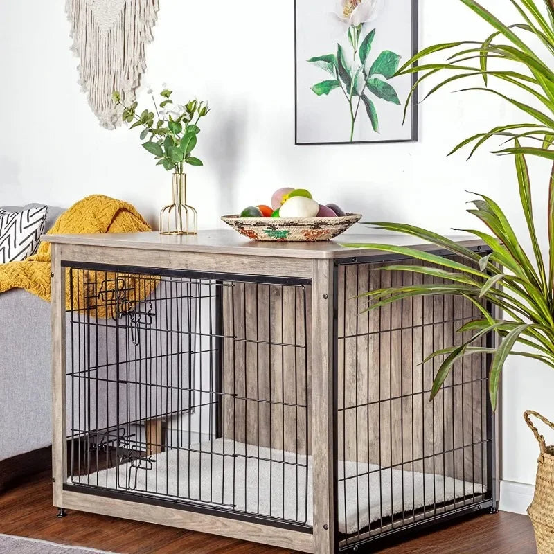 NEW Dog Crate Furniture with Cushion – 38.5" Wooden Indoor Kennel Table with Double Doors, Large Dog House in Greige