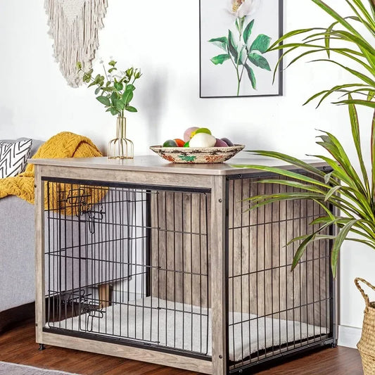 NEW Dog Crate Furniture with Cushion – 38.5" Wooden Indoor Kennel Table with Double Doors, Large Dog House in Greige