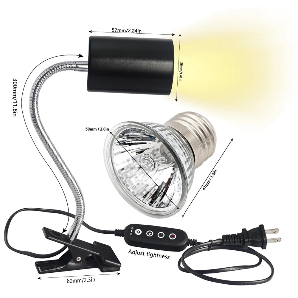 Reptile Heat Lamp Bulb with Clip-On Fixture – Dimmable UVA/UVB Basking Light for Turtles, Tortoises, Lizards & Amphibians with Timer Function