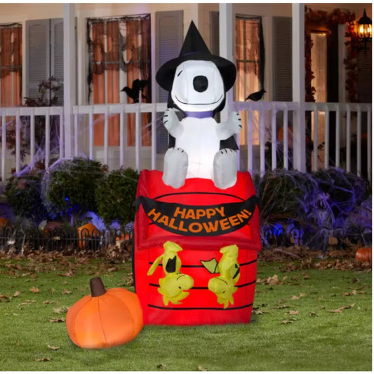 Halloween Inflatable Airblown Snoopy in Witch Costume on Red Doghouse – LED Lighted Outdoor Decor