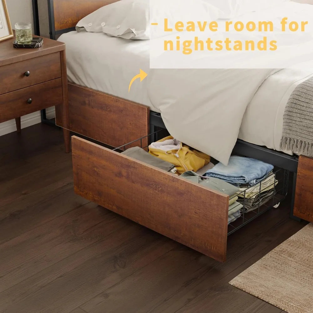 Bed Frame with Storage Headboard and 4 Drawers Bed Frame Size with Charging Station LED Lights Metal Platform Non-Sl